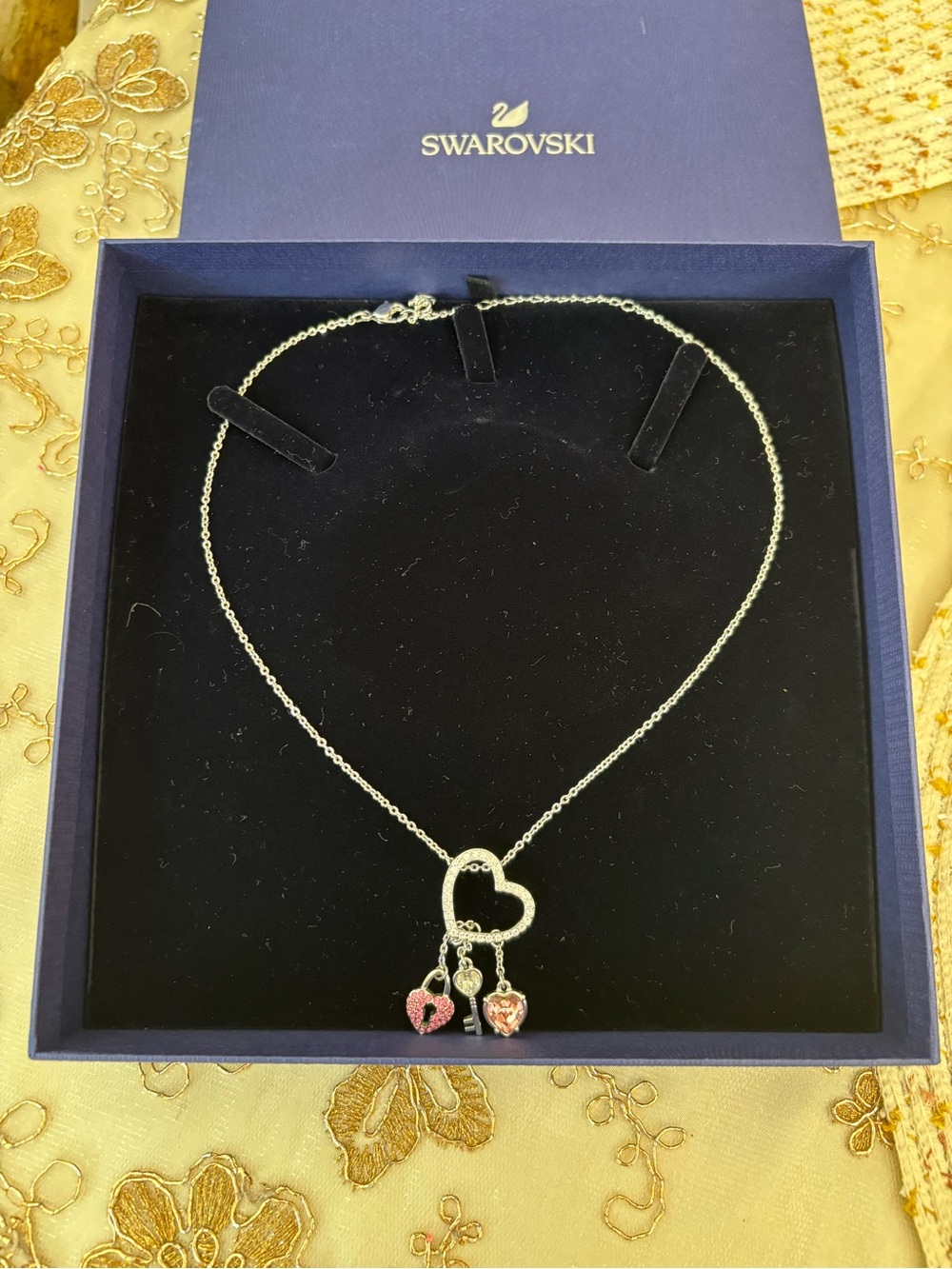 Swarovski Silver Heart Pendant Necklace with Pink Crystal Charms